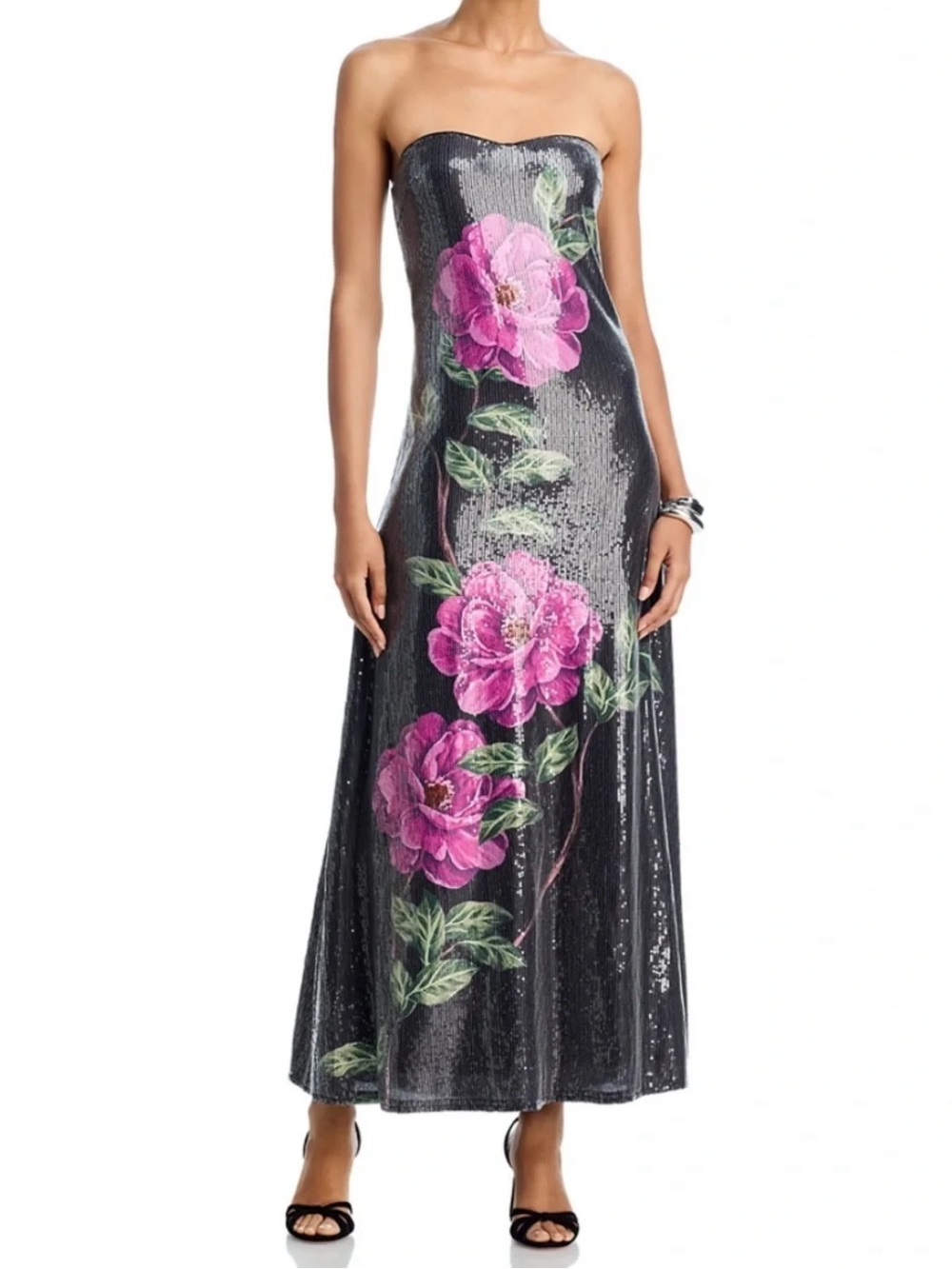 NWT Aqua Black Sequin Maxi Dress w Pink Floral Detail Sz M
